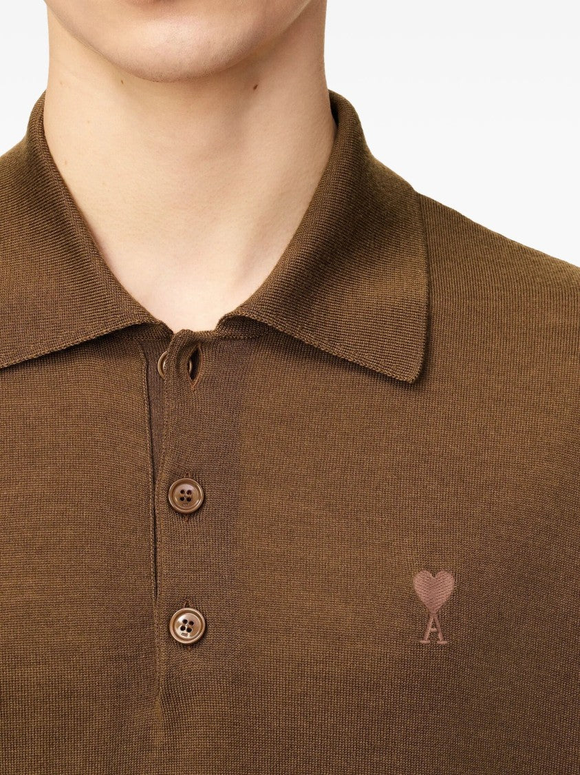 Ami Brown Wool-Silk Blend Polo Shirt