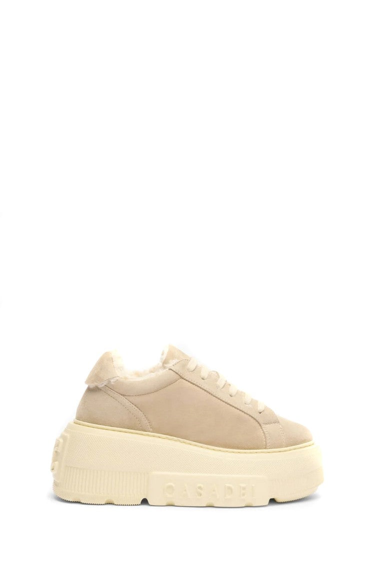 Casadei Beige Suede Shearling-Trim Platform Sneakers