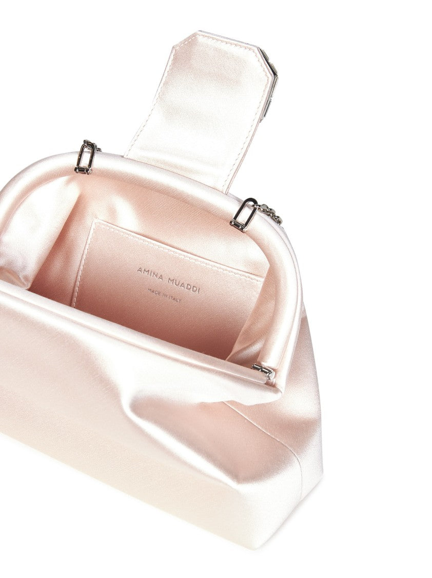 Amina Muaddi Champagne Satin Clutch With Rectangular Mirrored Accent