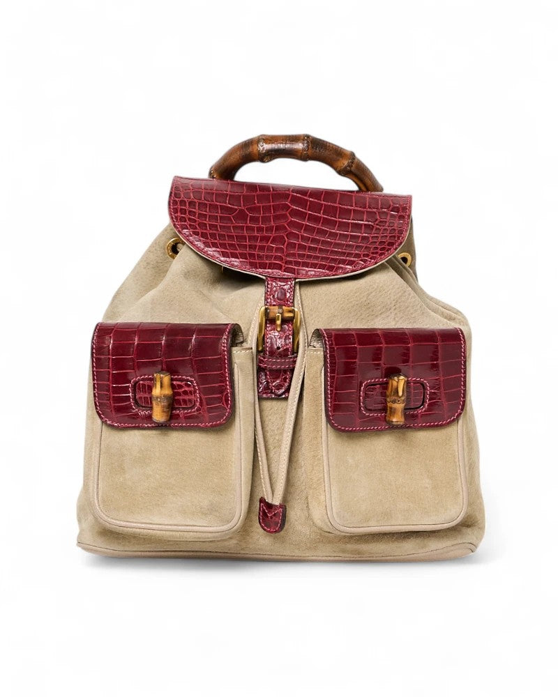 Gucci Bamboo-Handle Suede Backpack With Croc-Embossed Accents