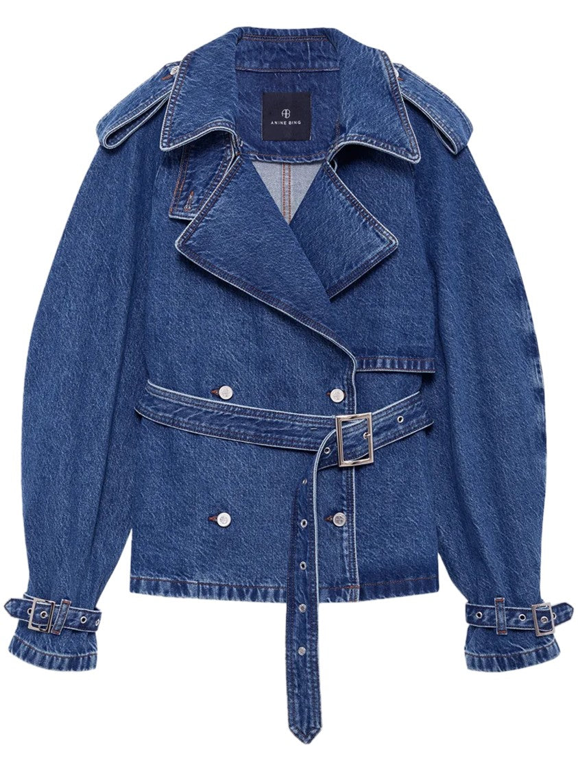 Anine Bing Pascale Double-Breasted Cropped Denim Trench Coat