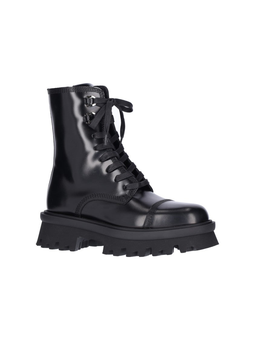 Ferragamo Glossy Black Leather Combat Boots