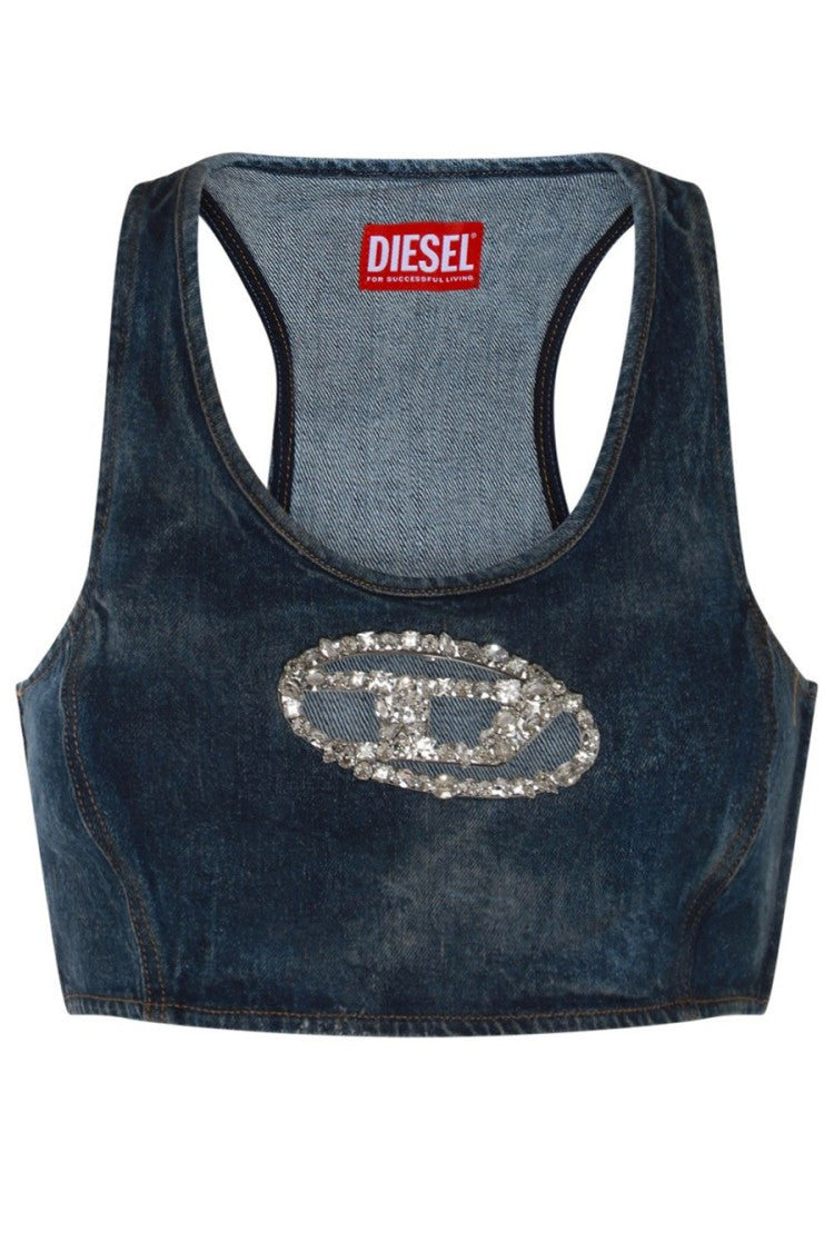 Diesel Cropped Denim Top With Embellished Logo Detail