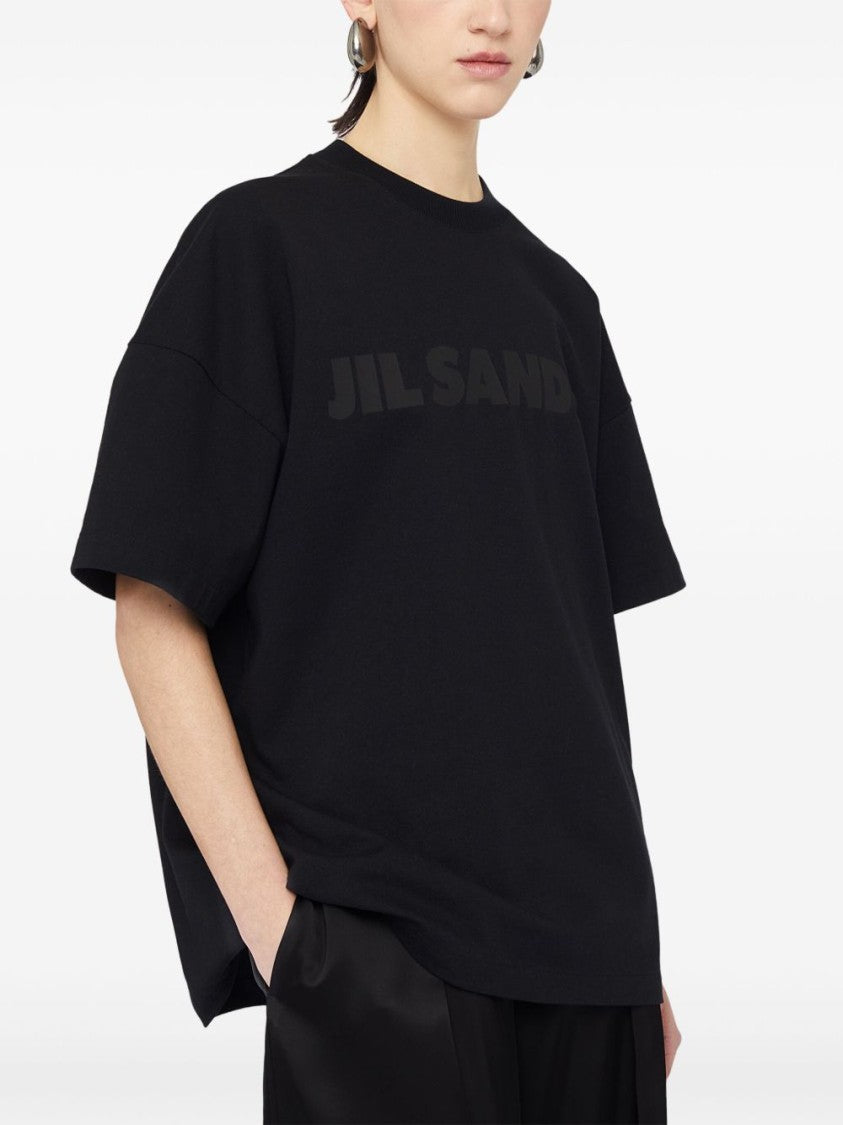 Jil Sander Round Neck Black Cotton T-Shirt With Tonal Logo Print