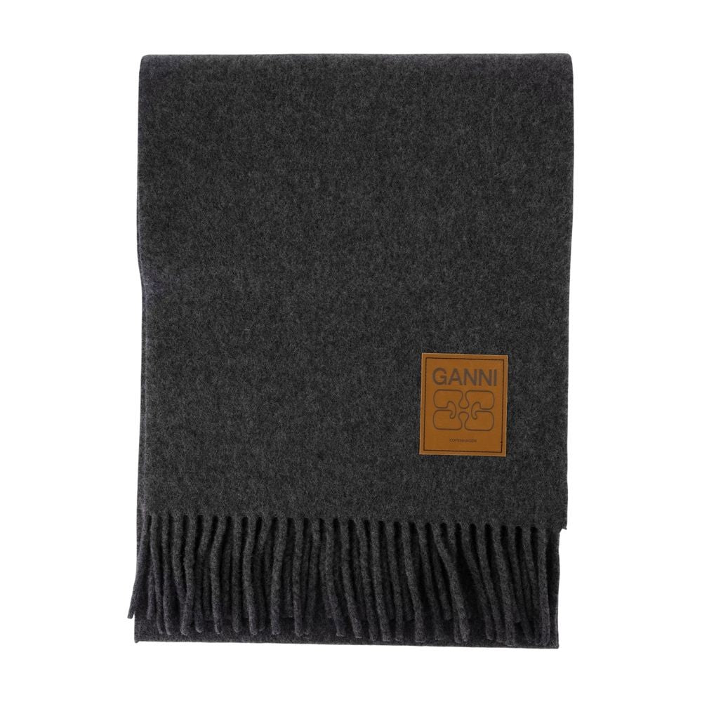 Ganni Double-Faced Wool Scarf With Fringed Ends