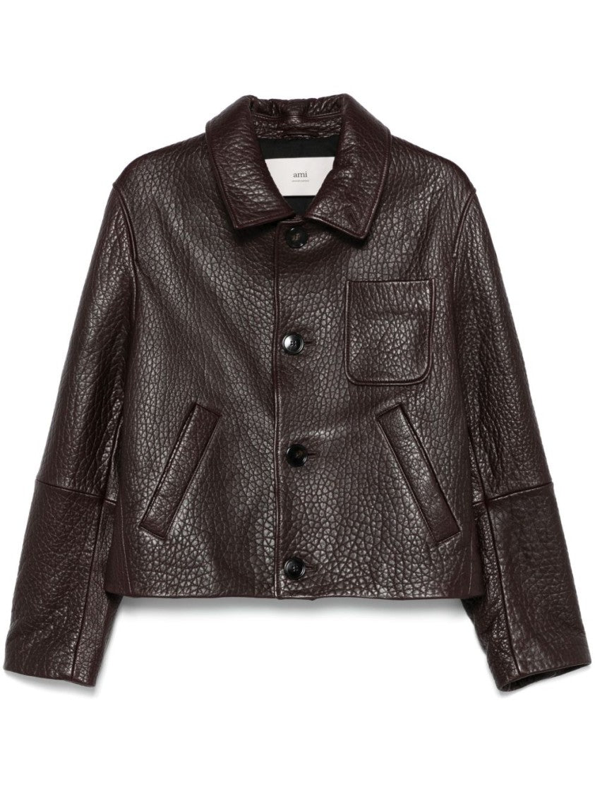 Ami Havana Brown Hammered Leather Jacket