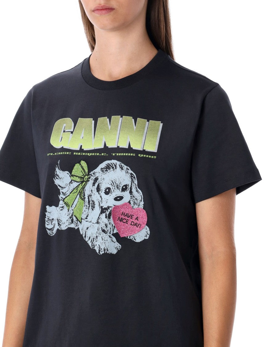Ganni Black Puppy Cotton T-Shirt