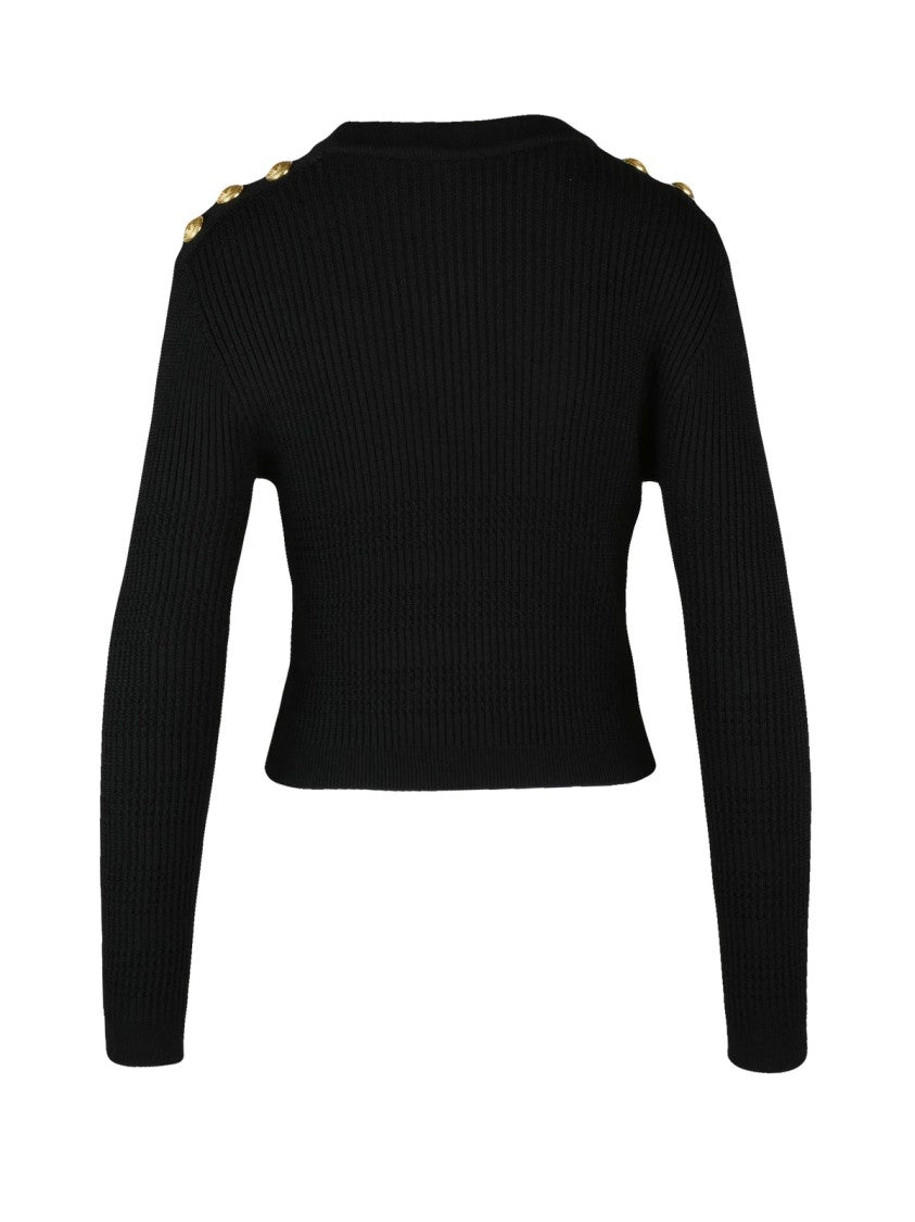 Balmain Short Black Knit With Ribbed Texture And Gold-Accent Buttons