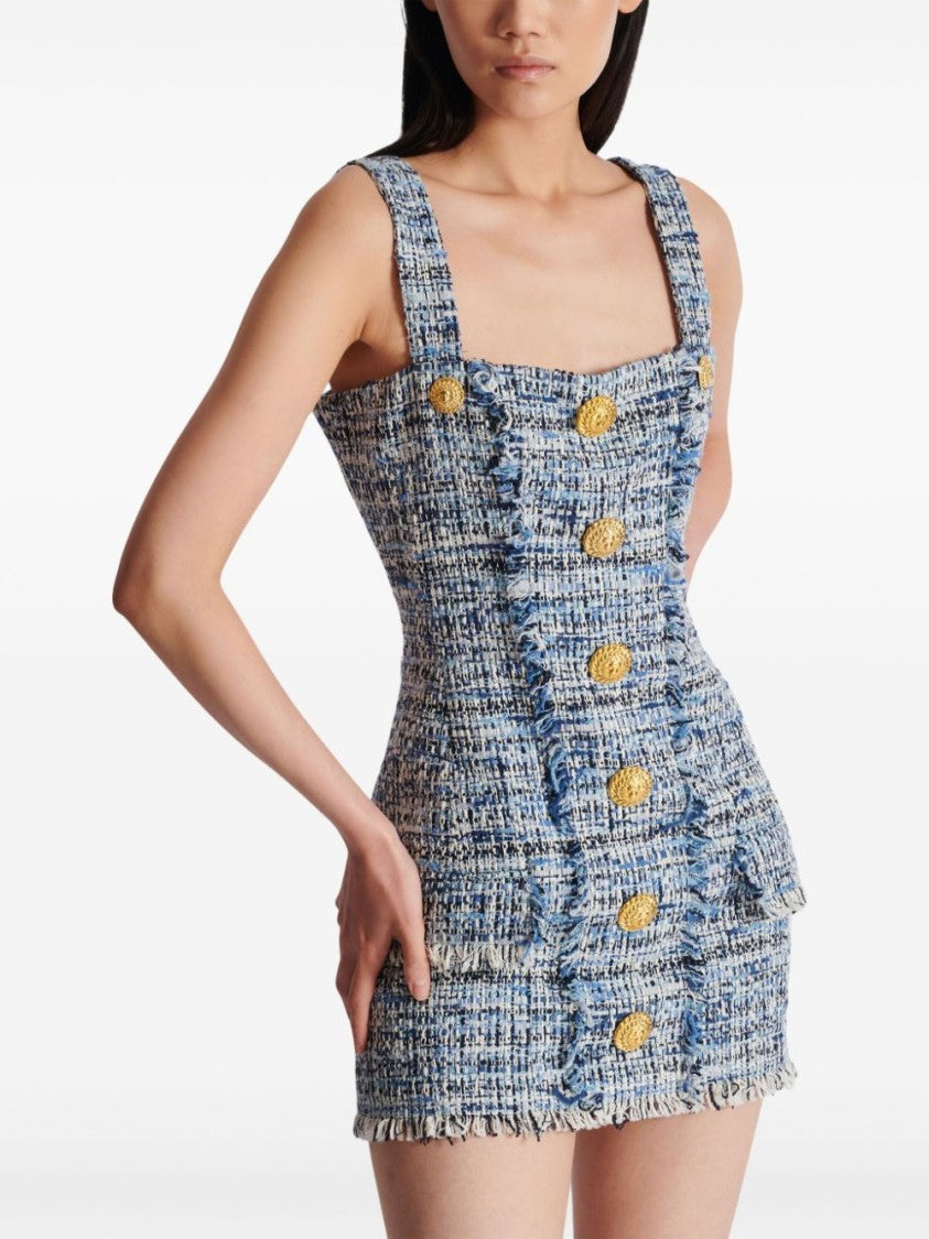 Balmain Blue Grey Tweed Button Detail Dress