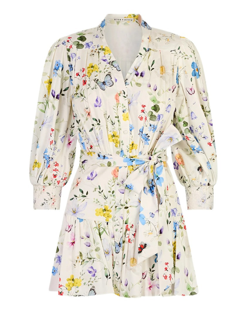 Alice Olivia By Stacey Bendet Floral Print Mini Dress With Puff Sleeves And Self-Tie Belt