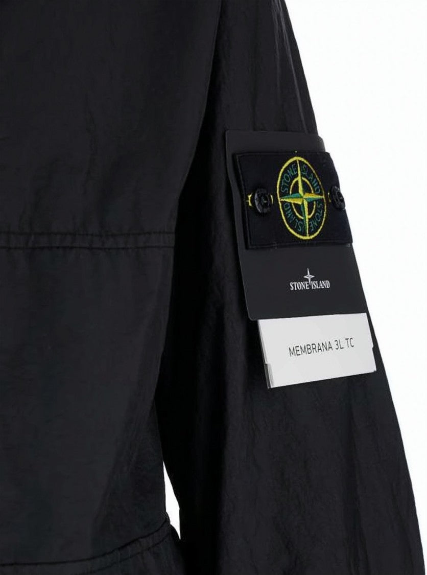 Stone Island Black Hooded Jacket With Logo Patch
