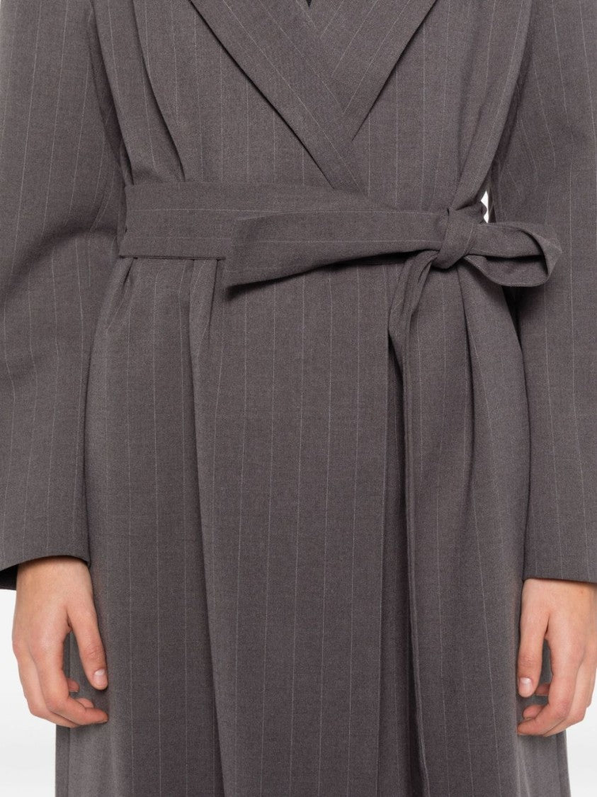 The Nina Studio Pinstripe Belted Coat With Peak Lapels And Tailored Silhouette