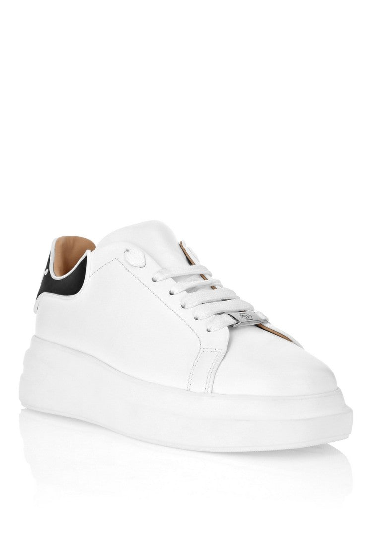 Philipp Plein White Black Contrast Heel Wordmark Logo Leather Sneakers