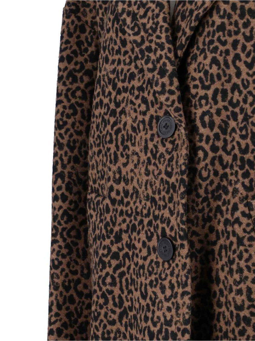 Golden Goose Cocoon Brown Wool Blend Coat With Leopard Print