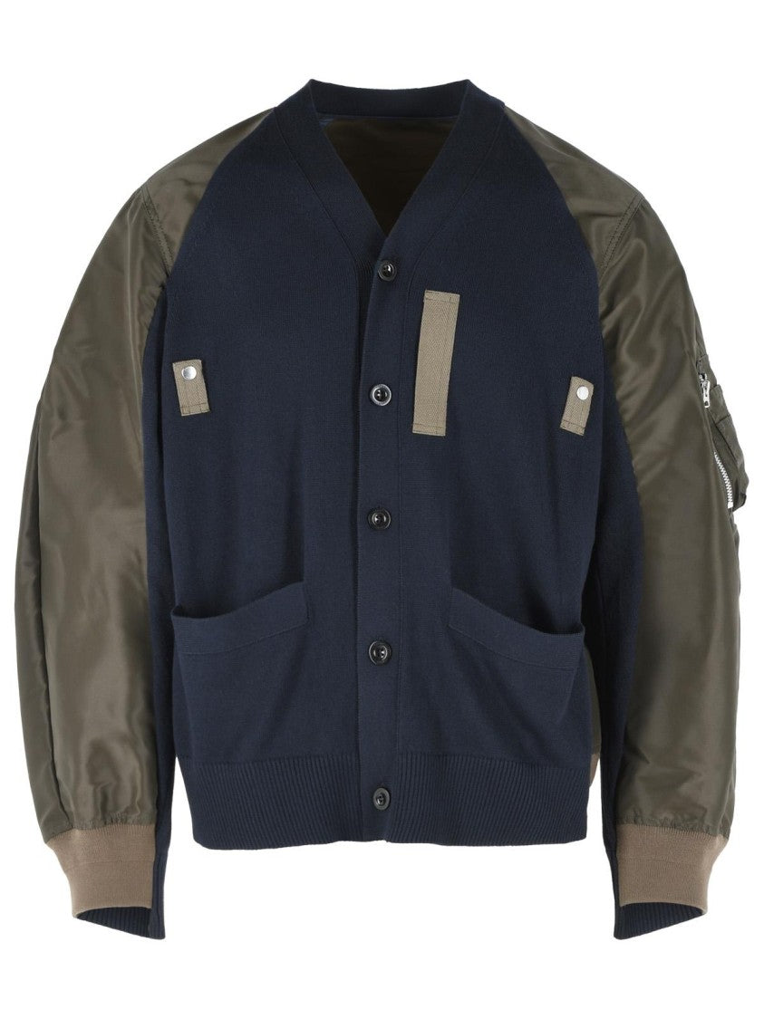 Sacai Cardigan In Navy Cotton And Khaki Blend