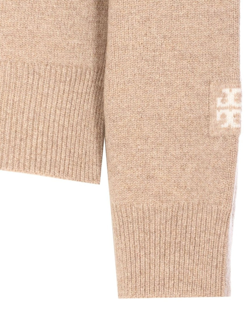 Tory Burch Beige Knit Sweater With Ribbed Mock Neck