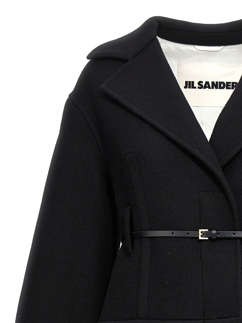 Jil Sander Tailored Long Wool Coat With Structured Lapel And Removable Waist Belt