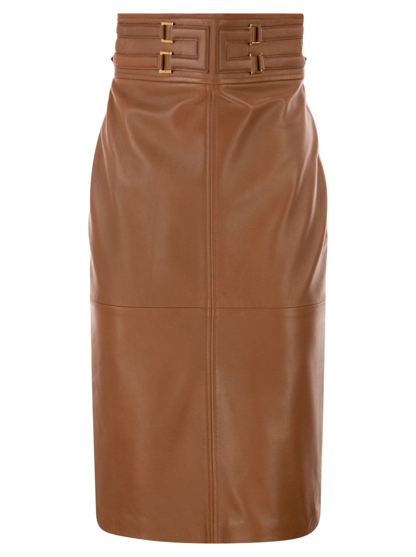 Elisabetta Franchi Midi Leather Skirt With Embossed Logo