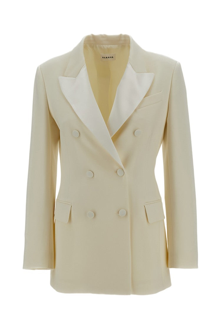 Parosh White Satin Lapel Stretch Wool Tuxedo Jacket