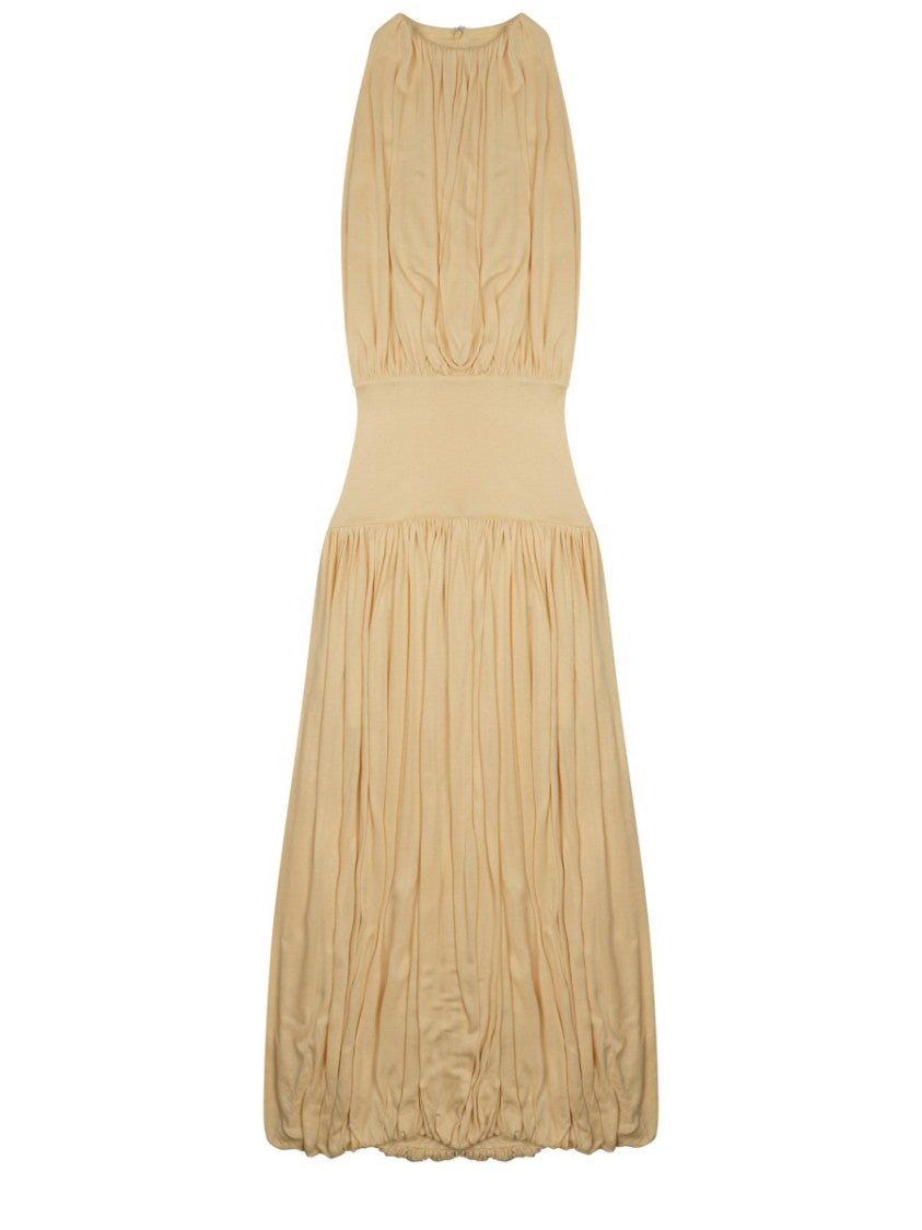 Totême Draped Midi Dress With Gathered Bodice And Bubble Hem