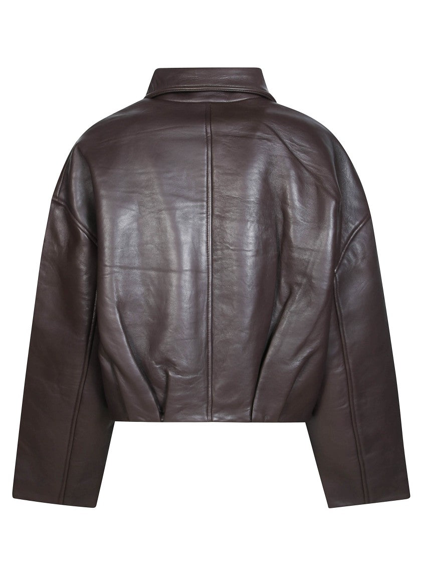 Rotate Cropped Brown Bonded Lambskin Leather Jacket