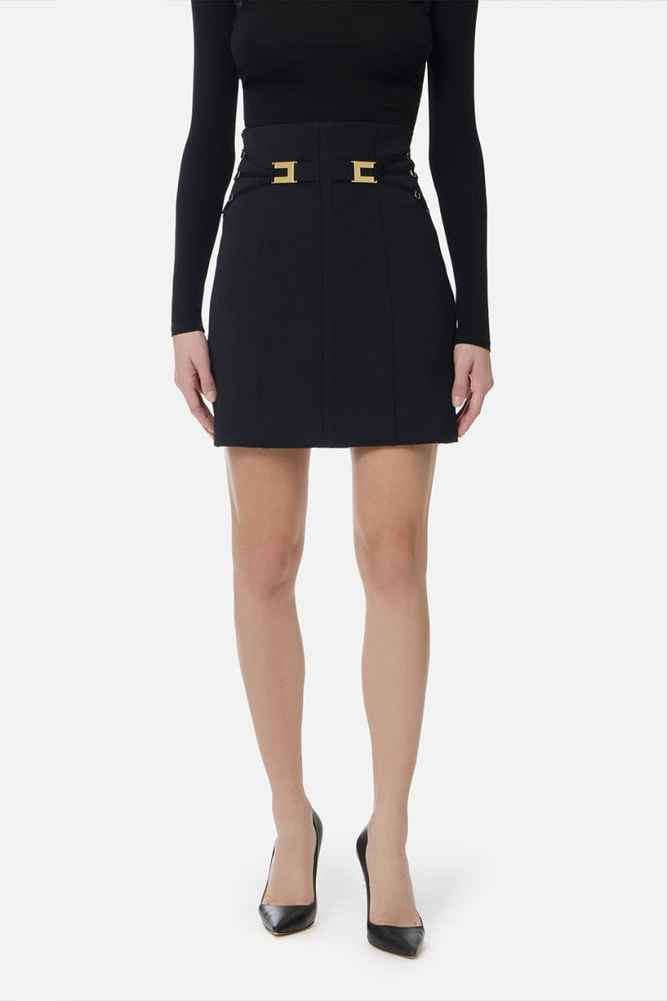 Elisabetta Franchi Black High-Waisted Gold Logo Buckle Viscose-Blend Mini Skirt