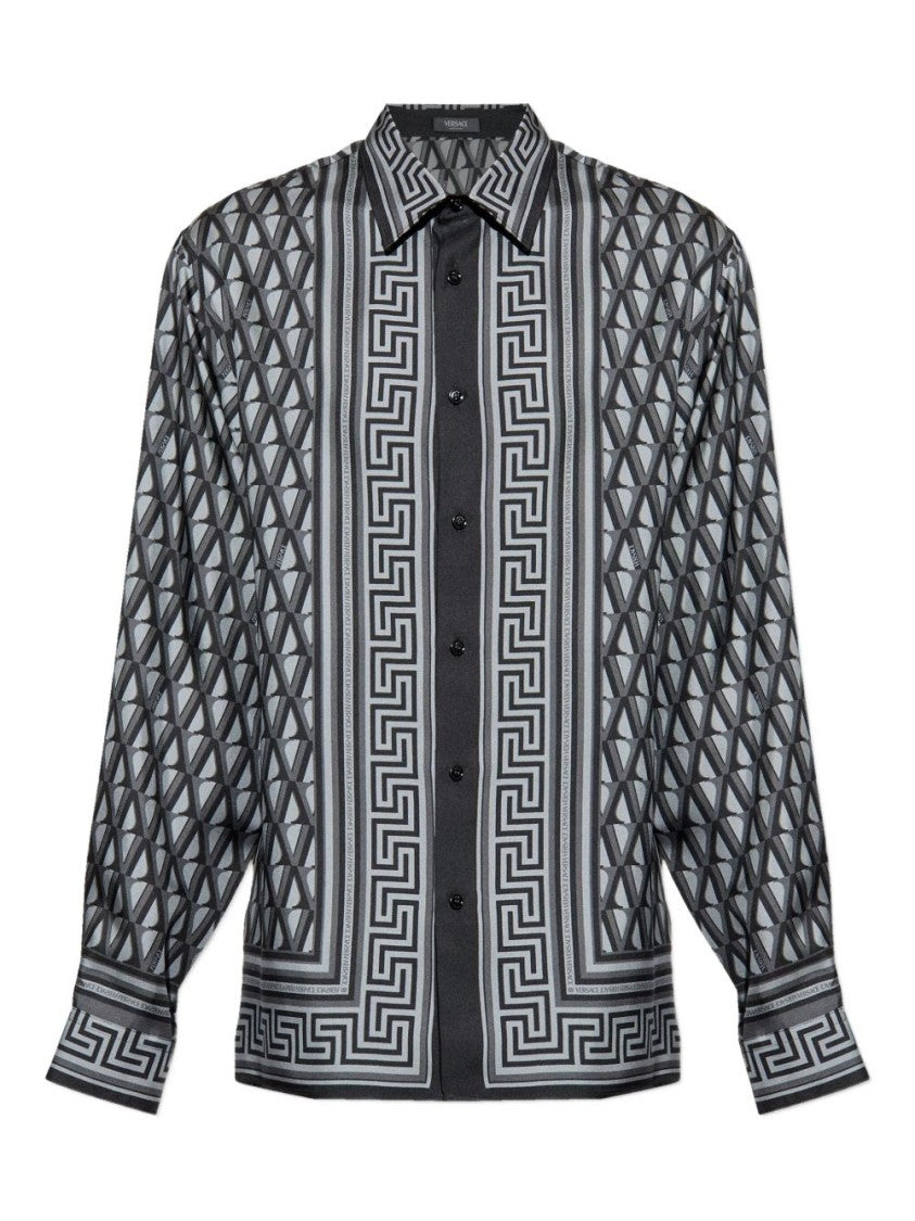 Versace Grey Geometric Pattern Silk Shirt