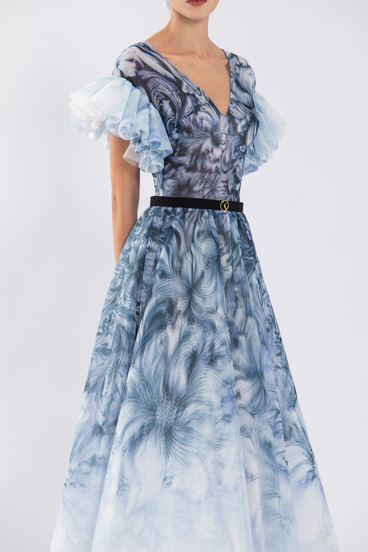 Saiid Kobeisy Tulle Printed Dress With Pleated Sleeves