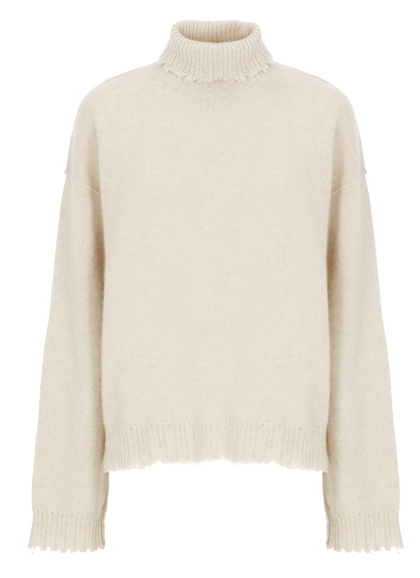 Uma Wang Beige High Neck Cashmere Sweater With Distressed Hem