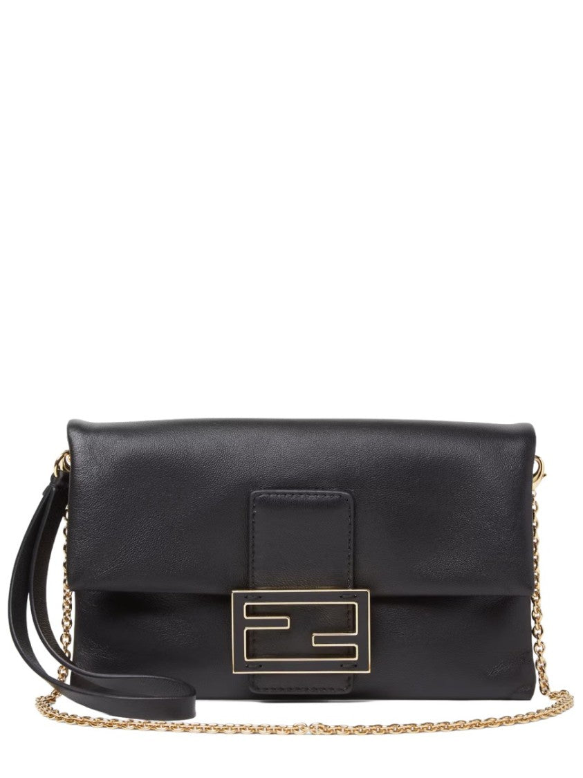 Fendi Rectangular Black Leather Pouch With Gold Clasp And Chain Strap
