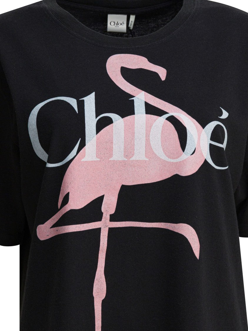 Chloé Oversized Cotton T-Shirt With Appliqué Flamingo Graphic