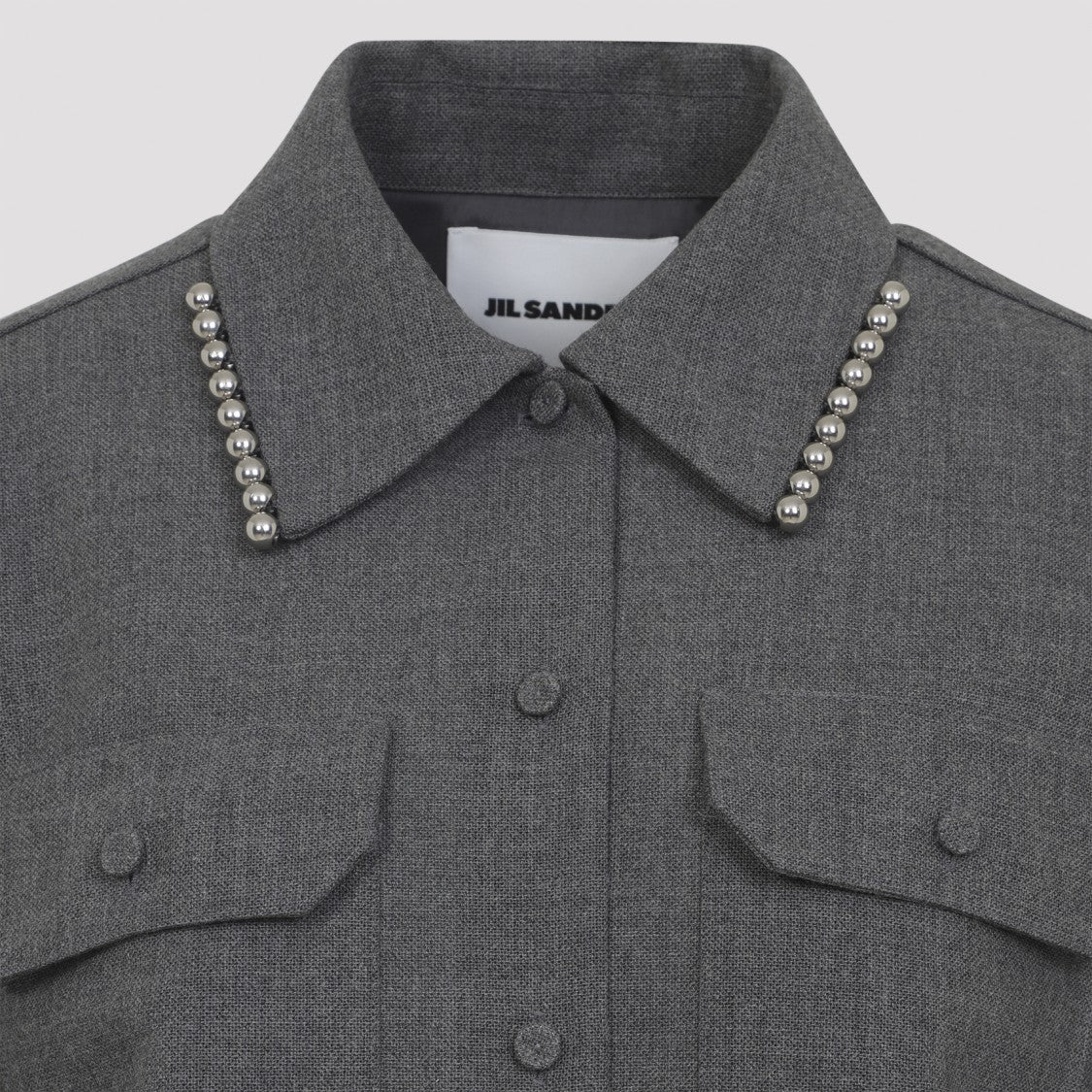 Jil Sander Relaxed Fit Grey Wool Shirt With Pearl Trim And Flap Pockets