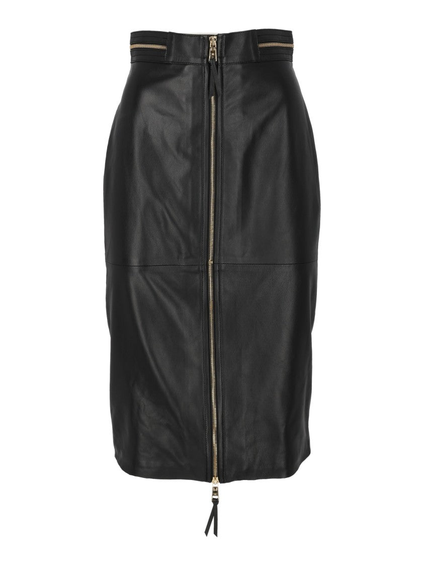 Elisabetta Franchi Fitted Black Sheepskin Leather Skirt With Front Zipper