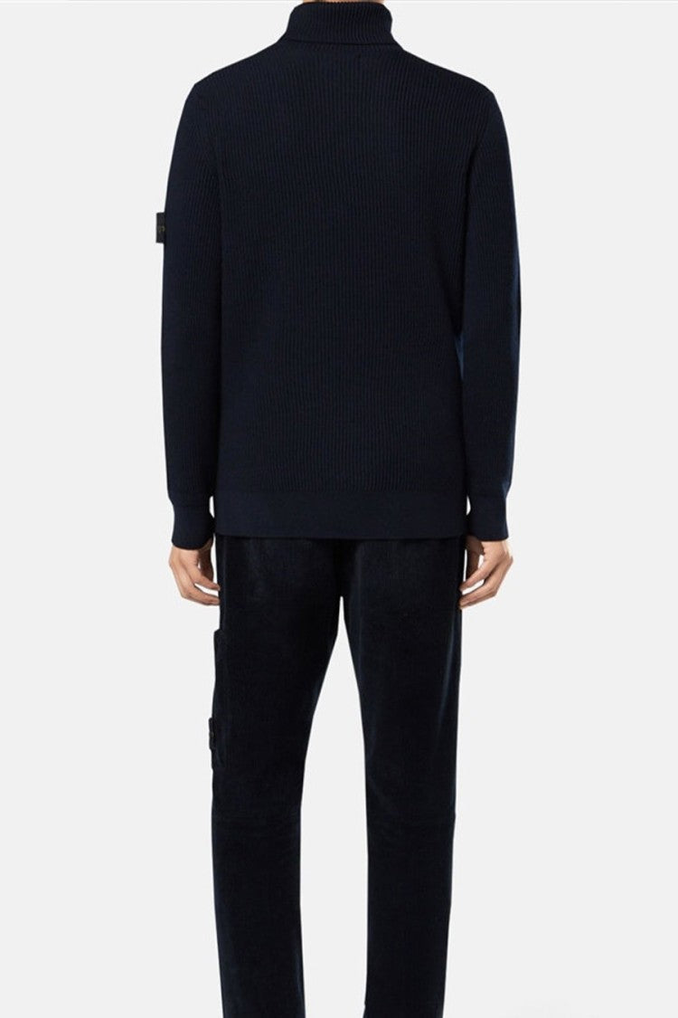 Stone Island Navy Virgin Wool Ribbed Turtleneck Sweater
