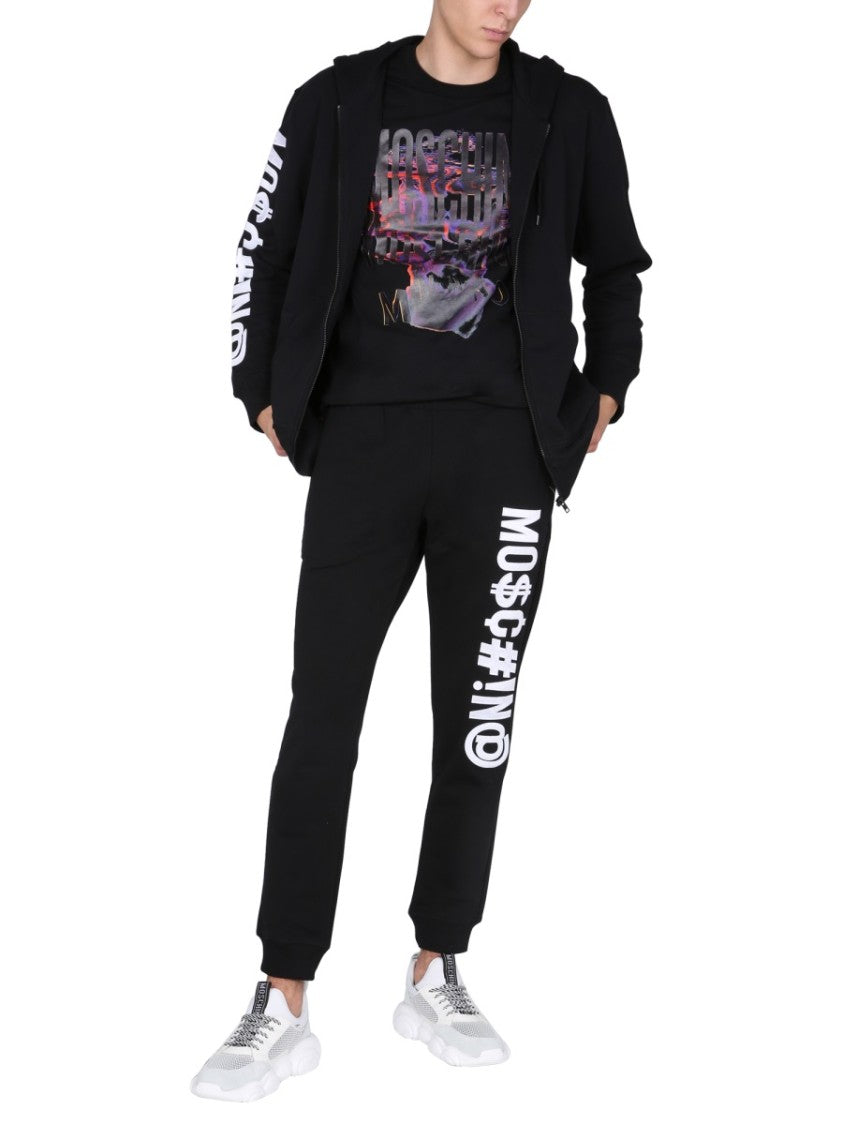 Moschino Logo-Embroidered Black Zip-Up Hoodie With Drawstring