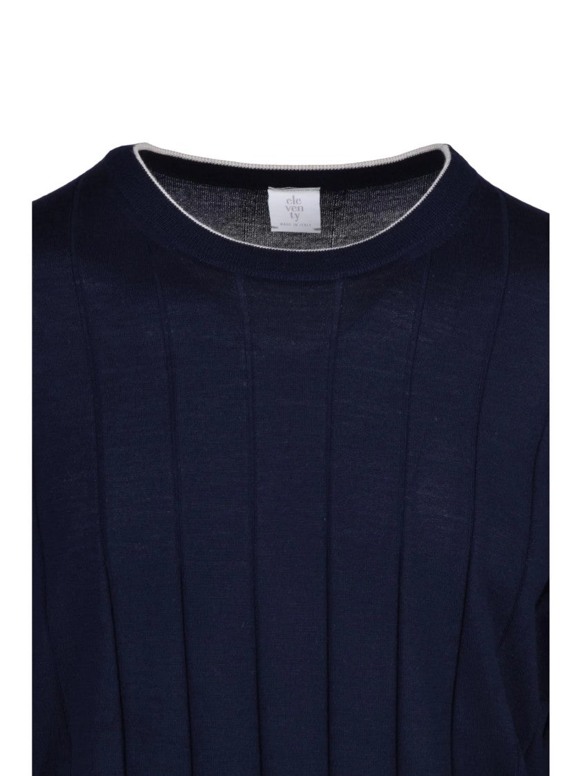 Eleventy Crew Neck Sweater In Deep Blue Wool