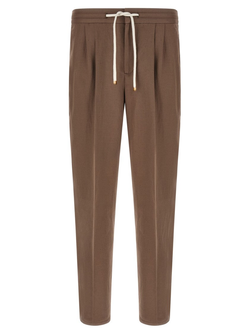 Brunello Cucinelli Brown Linen And Cotton Blend Trousers