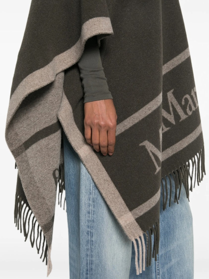 Max Mara Two-Tone Wool Poncho With Deep V-Neck And Fringed Hem