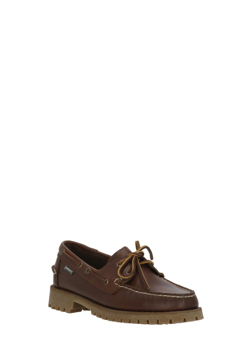 Sebago Brown Leather Textured Tread Boat Loafers