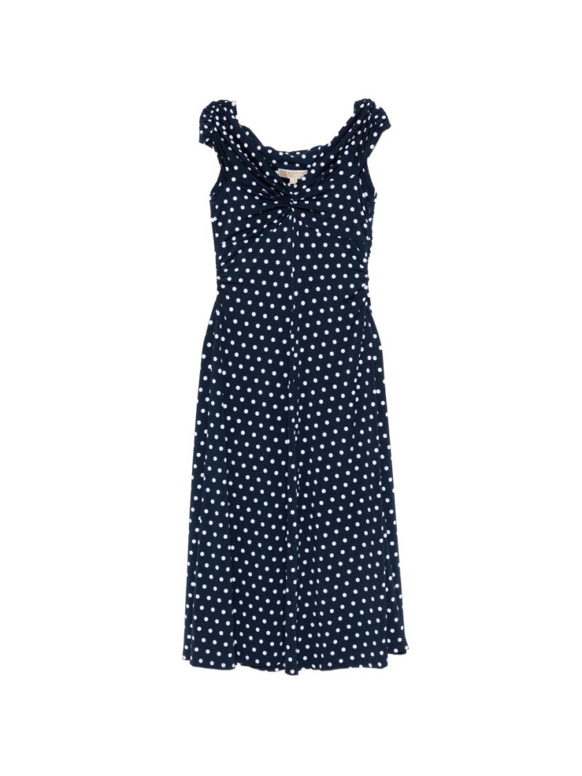 Michael Kors Knee-Length Navy Dress With White Polka Dots And Gathered Neckline