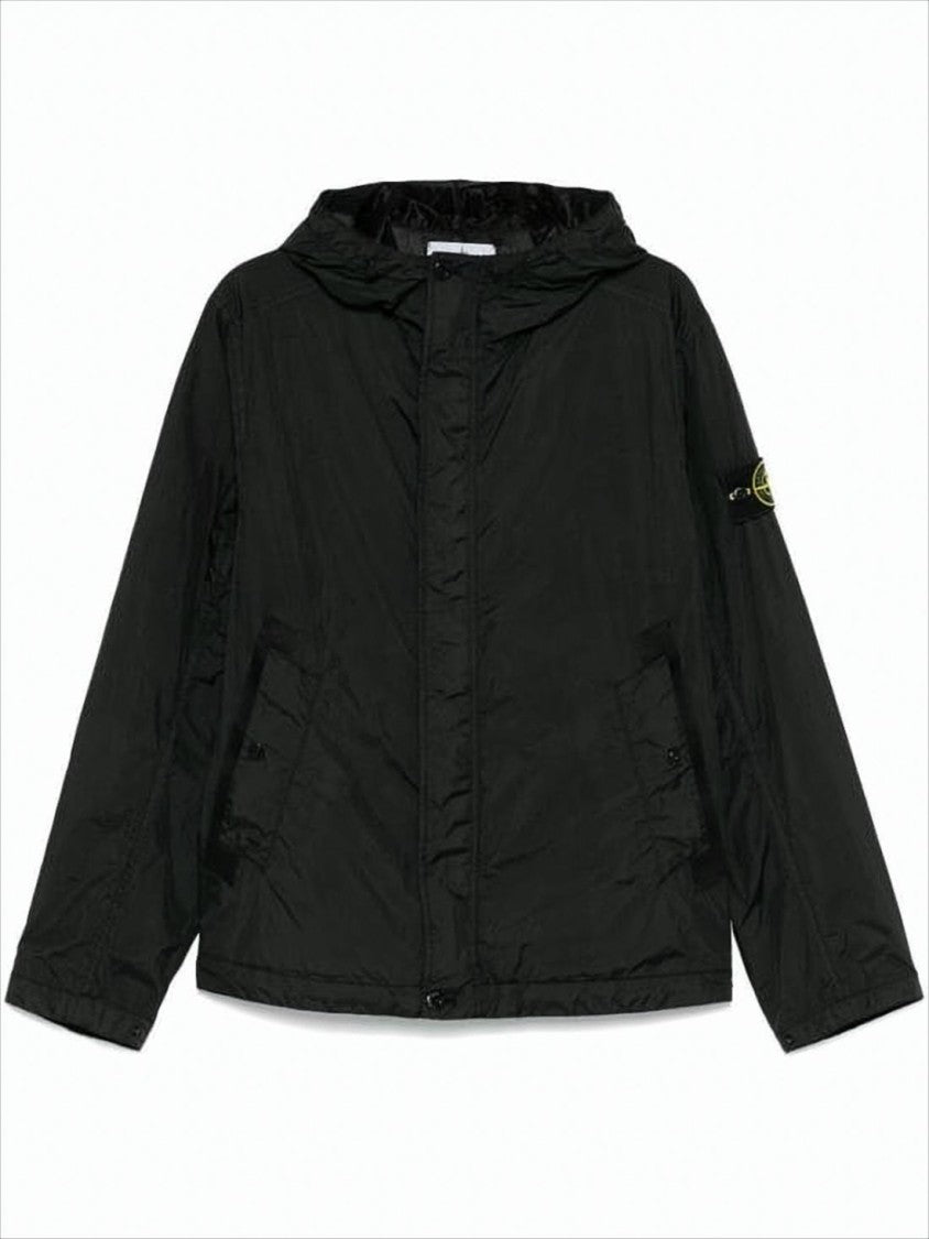 Stone Island Minimalist Black Hooded Jacket With Distinctive Patch