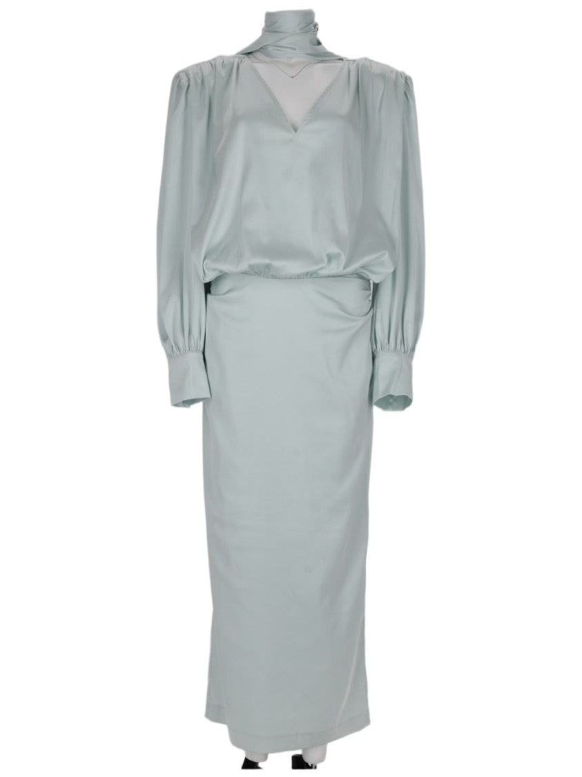 Rotate Satin-Like Midi Dress With Sheer Inset And Puffed Sleeves