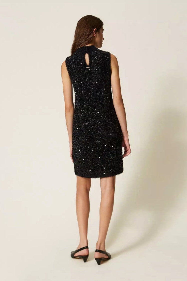 Twin-Set Black Sparkling Sleeveless Mock-Neck Mini Dress