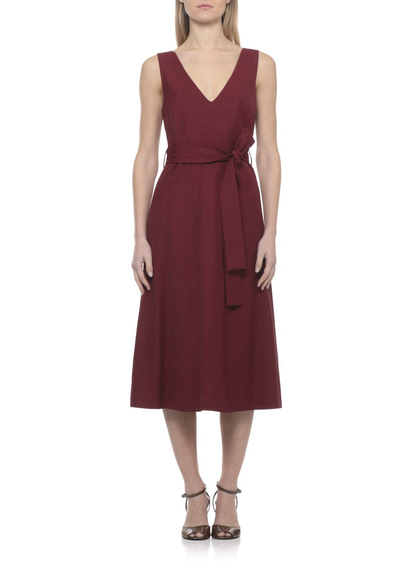 Parosh Bordeaux Viscose And Linen Midi Dress With Matching Belt