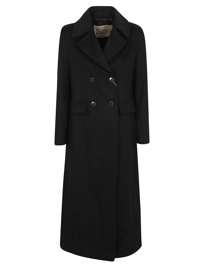 Herno Ankle-Length Wool Coat With Pointed Collar And Double-Breasted Closure