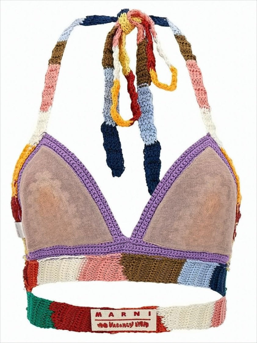 Marni Colorful Crochet Bralette With Halter Neck Tie And Striped Underbust Band