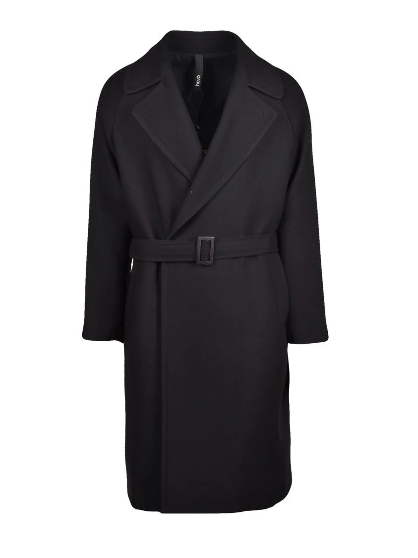 Hevo Black Long Double-Breasted Polyester-Blend Coat
