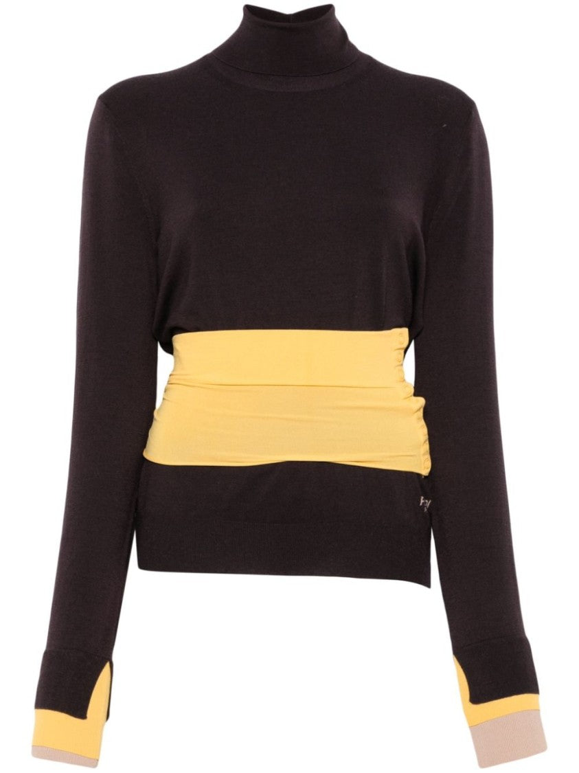 Fendi High Neck Dark Violet Sweater With Contrasting Yellow Band