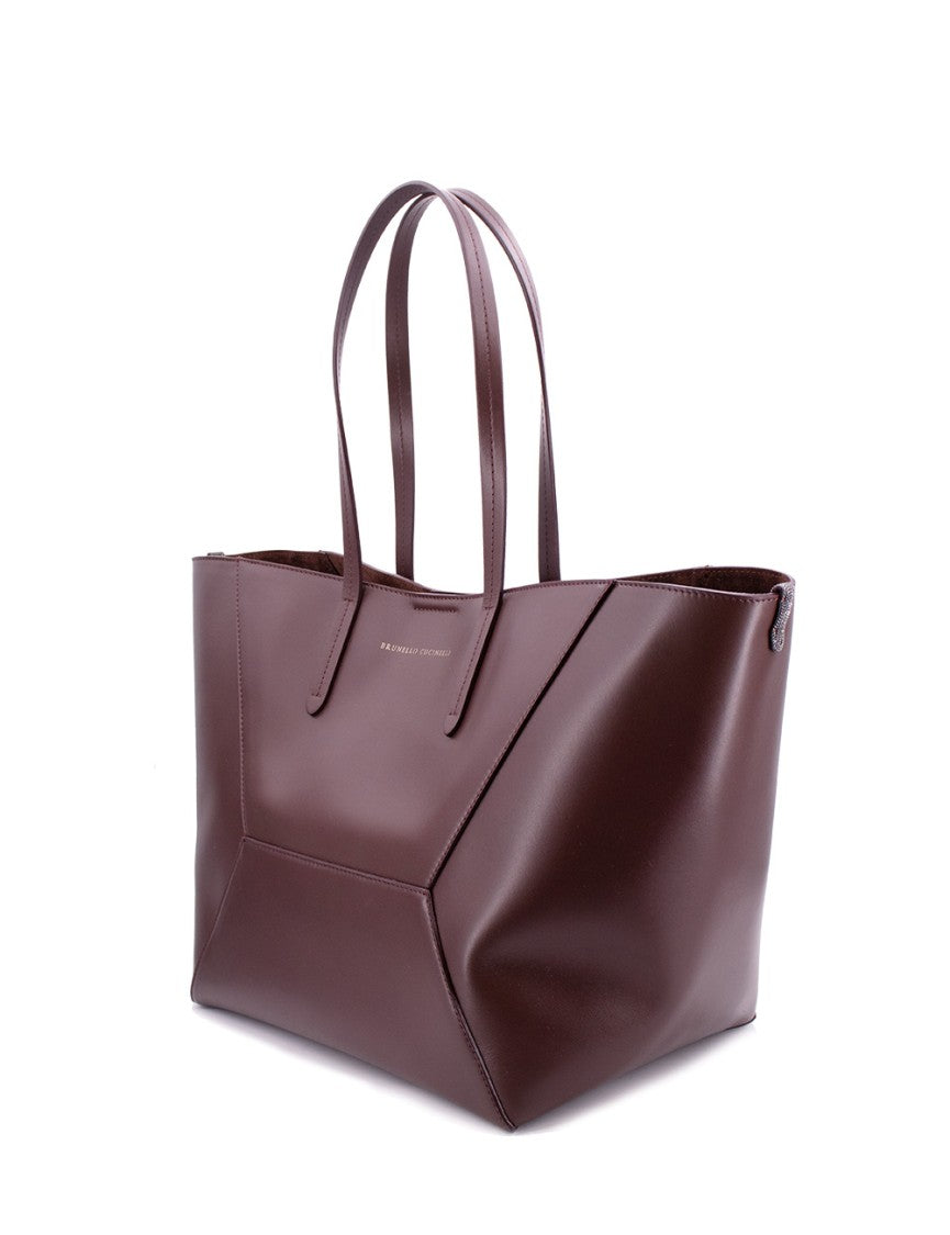 Brunello Cucinelli Structured Burgundy Leather Tote Bag