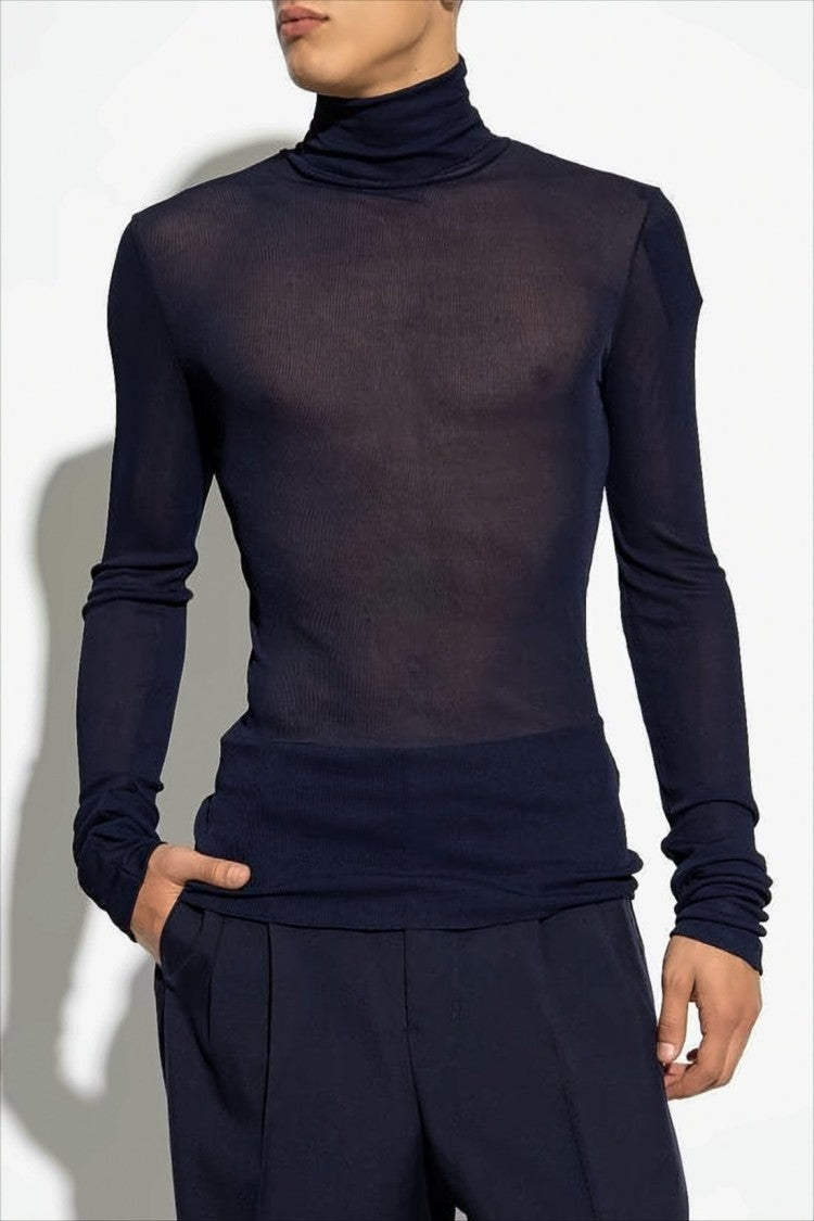 Ami Paris Slim-Fit Long-Sleeve Turtleneck Sweater In Semi-Sheer Fabric